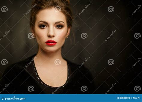 Cute Brunette With Red Lipstick Stock Image Image Of Beautiful Hairstyle 83531623