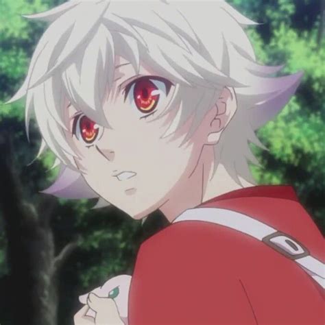 An Anime Character With White Hair And Red Eyes Looking At Something In