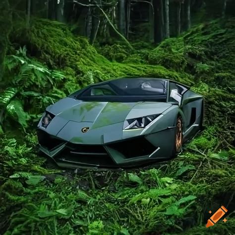 Abandoned Olive Green Lamborghini In A Mossy Jungle With Cinematic