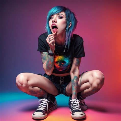 Hot Emo Girl Sticks Out Tongue While Looking Up Lasciviously Full Body