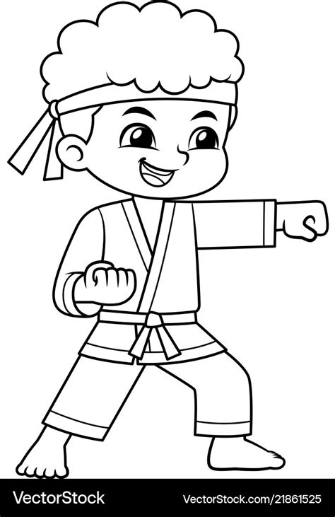 Karate boy performing fist technique bw Royalty Free Vector