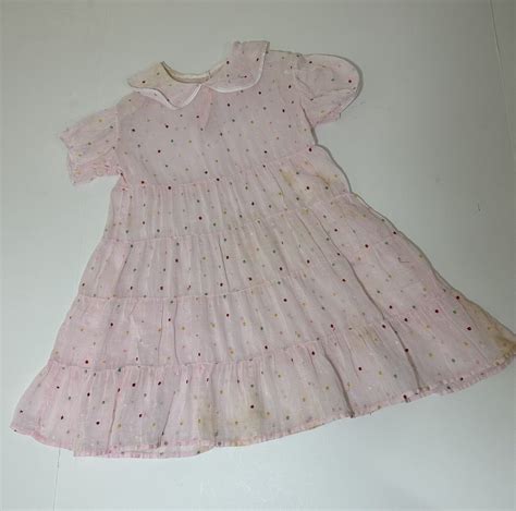 Vtg Sheer Tiered Dress Pink Peter Pan Collar S Embr Gem