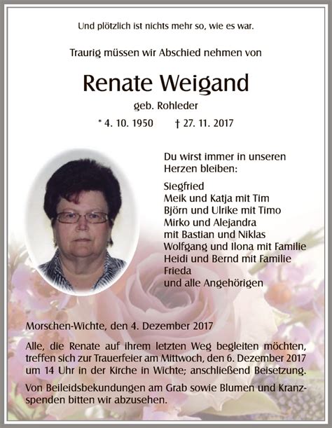 Traueranzeigen Von Renate Weigand Trauer Hna De