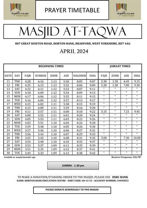 Timetable Masjid At Taqwa Bradford