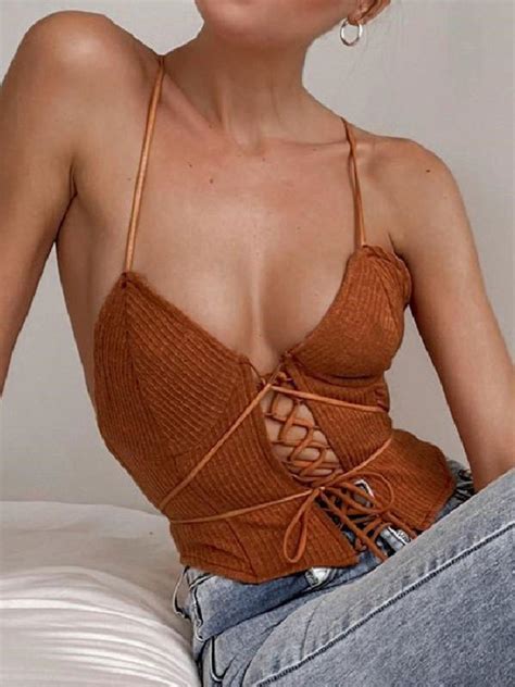 Emmiol Free Shipping 2024 Backless Lace Up Crop Cami Top Brown M In