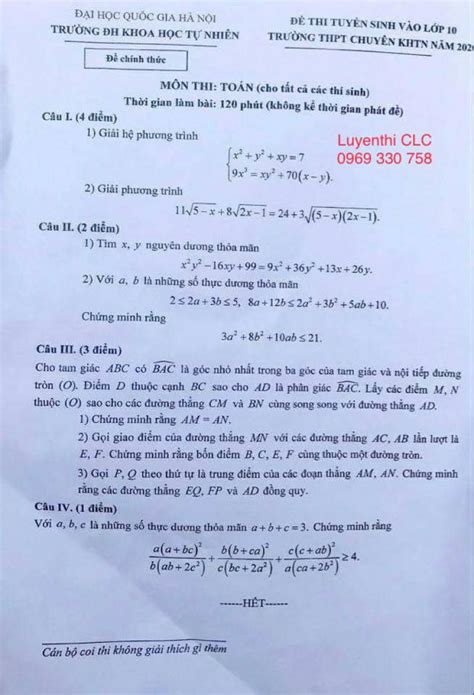 Đề Thi Tuyển Sinh Môn Toán Vào Lớp 10 Thpt Chuyên Đhkhtn Hà Nội Năm 2020