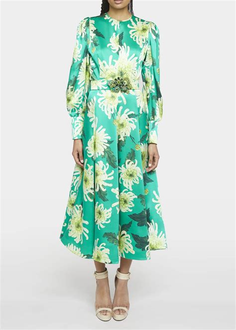 Andrew Gn Floral Print Silk Puff Sleeve Belted Midi Dress Bergdorf