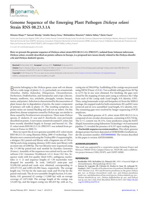 Pdf Genome Sequence Of The Emerging Plant Pathogen Dickeya Solani Strain Rns 082331a