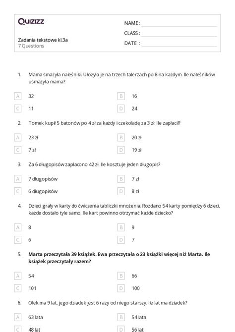 Ponad Zadania Tekstowe Na Dzielenie Arkuszy Roboczych Dla Klasa W