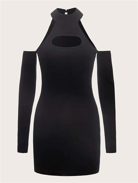 Black Elegant Collar Long Sleeve Fabric Plain Bodycon Embellished