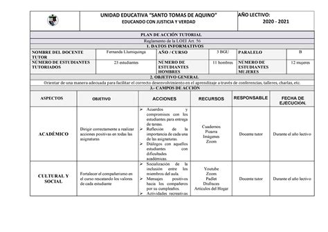 PLAN DE Accion Tutorial UNIDAD EDUCATIVA SANTO TOMAS DE AQUINO