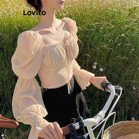 Lovito Casual Plain Puff Sleeve Blouse For Women Lna Off White