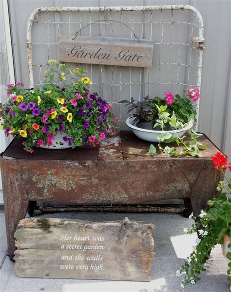 Old Washtub Stand Repurposed Garden Gate And Enamelware Into