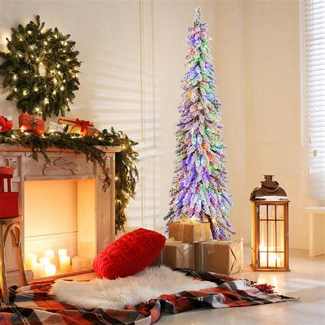 4/5/6 FT Pre-Lit Artificial Christmas Tree Snow-Flocked Slim Pencil ...