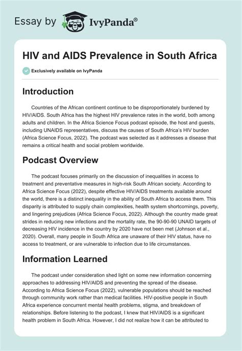 Hiv And Aids Prevalence In South Africa Words Essay Example