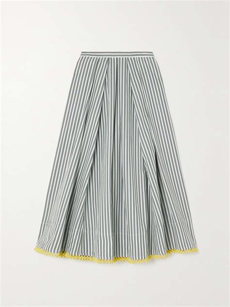 Rosie Assoulin Pleated Lace Trimmed Striped Cotton Poplin Midi Skirt