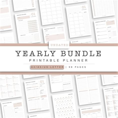 Yearly Planner Bundle Printable Planner Refills Aesthetic Beige Agenda ...