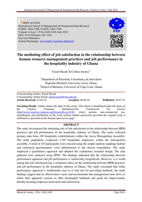 Pdf The Mediating Effect Of Job Satisfaction In The Relationship