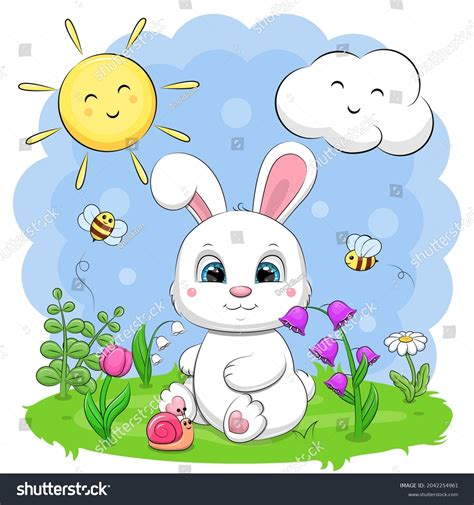 Cute Cartoon White Rabbit Nature Vector Stock Vector Royalty Free