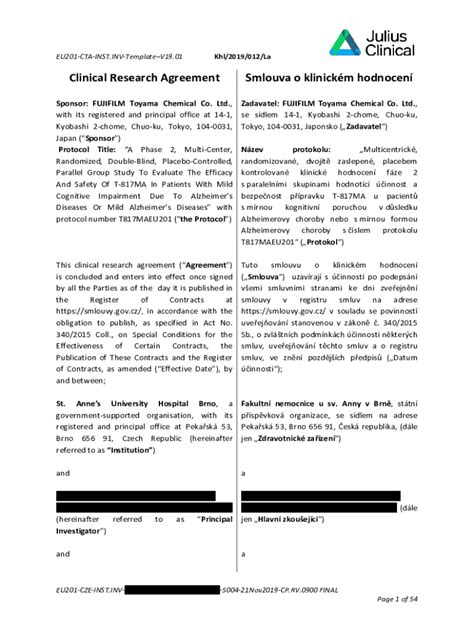 Fillable Online Smlouvy Gov Clinical Research Agreement Smlouva O