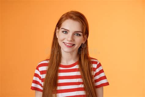 Close Up Tender Cute Redhead Young Woman Smiling Joyfully Express