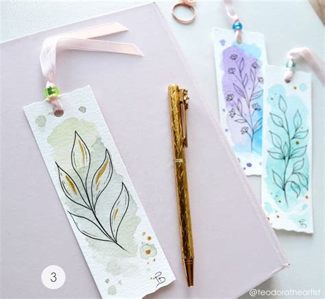 Handmade Watercolor Bookmarks With Botanical Line Art Book Lover Gift