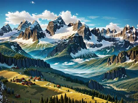 A Majestic Mountain Range With Snow Capped Peaks And Lush Green Valleys