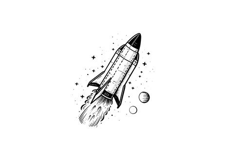 Blowing space rocket sketch engraving style vector illustration ...