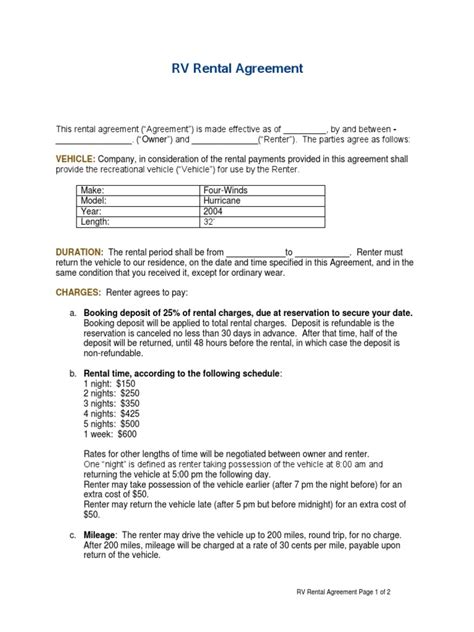 Printable Rv Rental Agreement Template Printable Templates Free