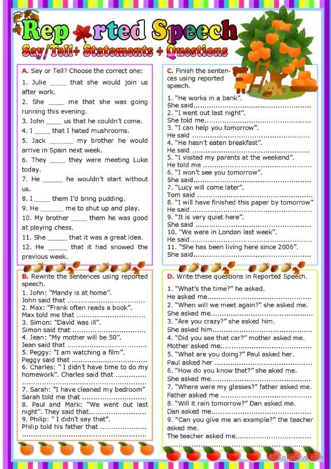 409 Reported Speech Indirect Speech English Esl Worksheets