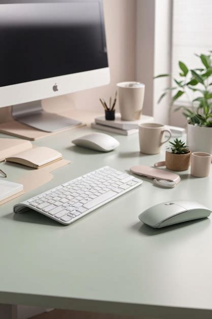 Premium AI Image | Minimalist soft pastel color desk setup interior ...