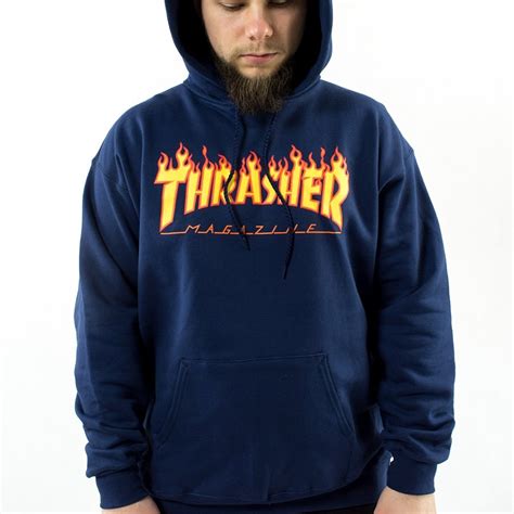 Thrasher Magazine Bluza M Ska Z Kapturem Hoody Flame Logo Navy Blue