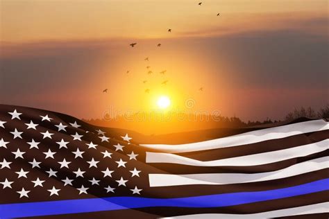 American Flag With Police Support Symbol Thin Blue Line On Sunset Sky