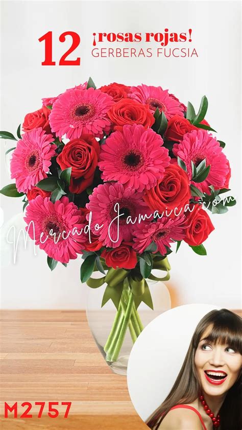 12 Rosas Rojas Con Gerberas Fucsia Florerias Mercado De Jamaica