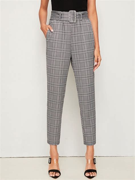 Buckle Belted Slant Pocket Plaid Pants Plaid Pants Pants Bottom Clothes