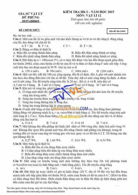 [docx] Đề Kiểm Tra Học Kì 1 Vật Lí 12 Thư Viện Vật Lý