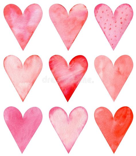 Set Of Watercolor Hearts Love Card With Red And Pink Watercolor Hearts