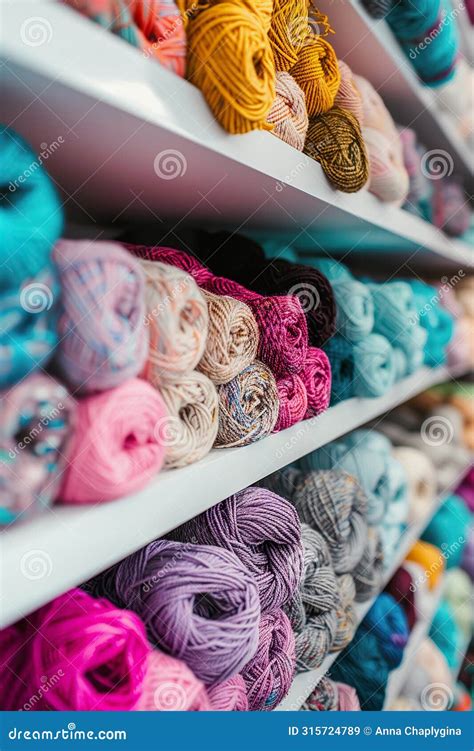 Colorful Yarn And Wool Balls On Display In A Craft Store Stock