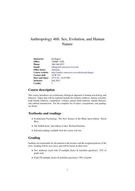 Anthropology 468 Sex Evolution And Human Nature