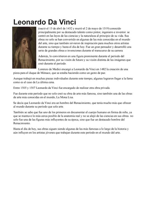 Leonardo Da Vinci Resumen Leonardo Da Vinci Naci El De Abril