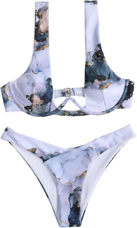 SheIn Damen Push Up Plunge Bügel Bikini Set Tie Dye Badeanzüge Badeanzüge Blau Medium