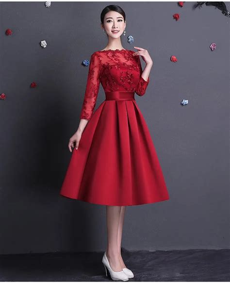 2017 Elegant Red Evening Dresses Boat Neck Backless 34 Sleeves Short Prom Party Gown Women