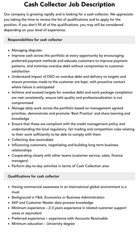 cash collector job description velvet jobs