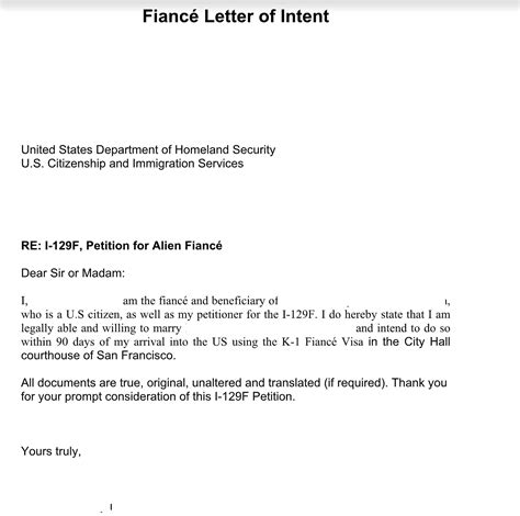 Fiance Visa Letter Of Intent Example