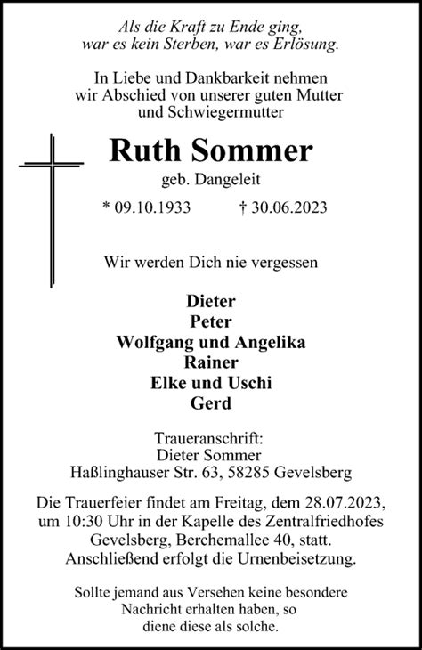 Traueranzeigen Von Ruth Sommer Trauer In Nrw De