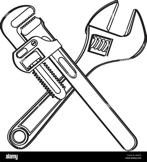 Monochrome Contour With Crossed Wrenches Vector Illustration Stock