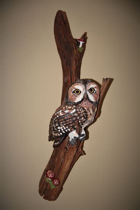 Hand Crafted Owl On Driftwood Wood Carving By Donna Maries Art