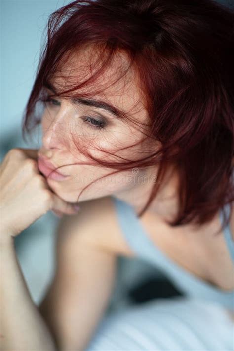 Beautiful Young Ginger Woman With Freckles And Blue Eyes Portrait Of