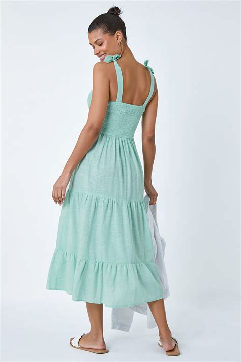 Mint Shirred Tie Cotton Tiered Midi Dress Roman Uk