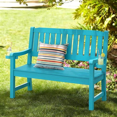 Lue Bona Sky Blue 2 Person Plastic Outdoor Bench With Cup Holder All